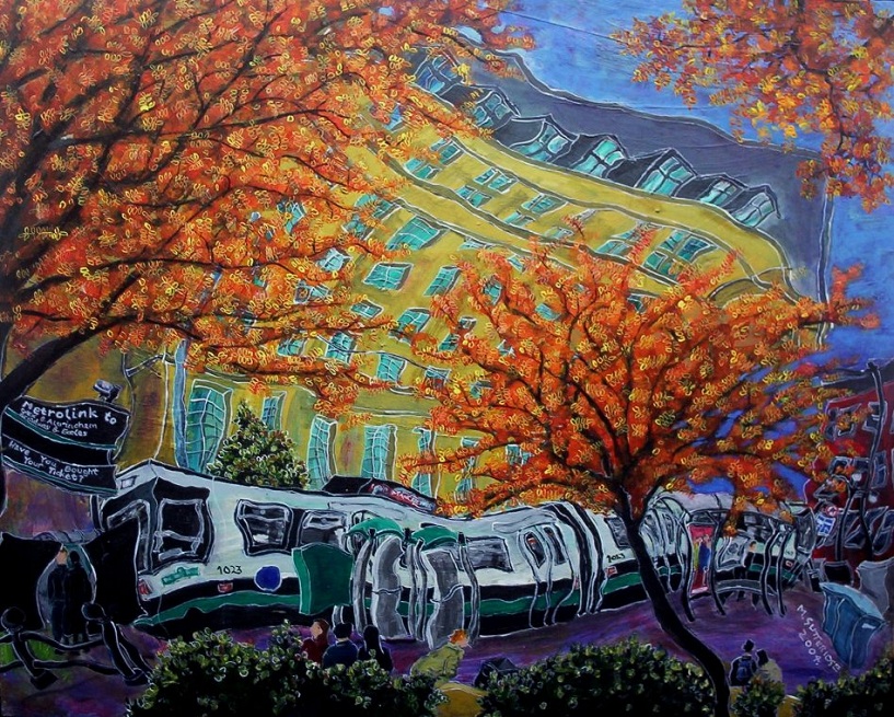 Painting of Tram Station in Autumn in  Manchester
