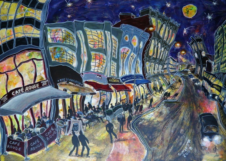 Painting of bars on Deansgate, Manchester, at night