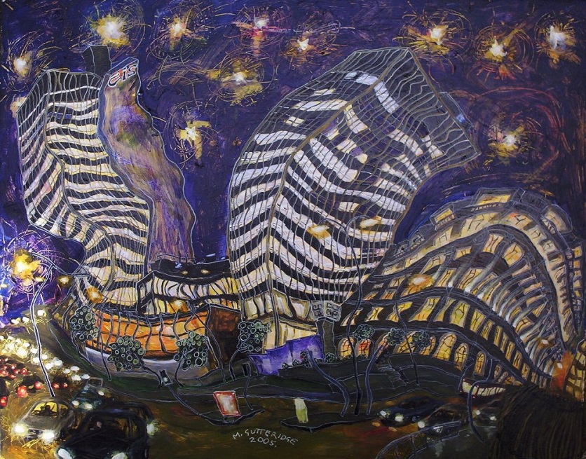 Painting of  CIS Buildings, Manchester, at night