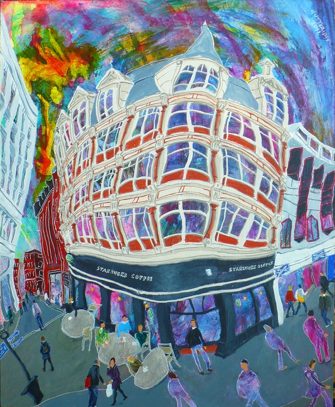Painting of cafe in Piccadilly Manchester