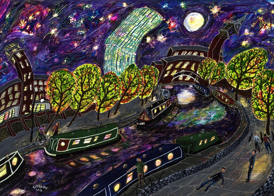 Painting of Castlefield at night by Michael Gutteridge