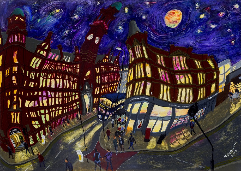 Painting of Cornerhouse and Oxford Road, Manchester, at night.