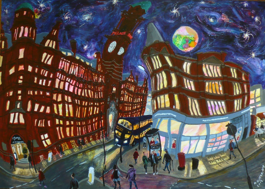 Painting of Cornerhouse and Oxford Road, Manchester, at night.