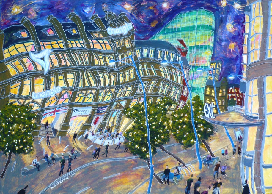 Painting of  Exchange Square, Manchester, at night