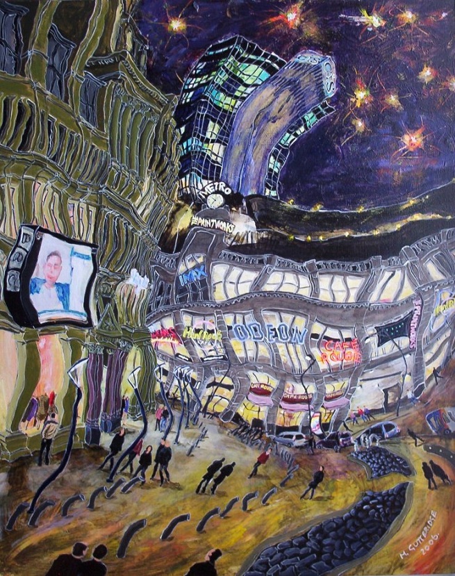 Painting of  Exchange Square, Manchester, at night