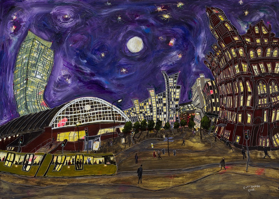 Painting of Manchester Conference Centre area at night.