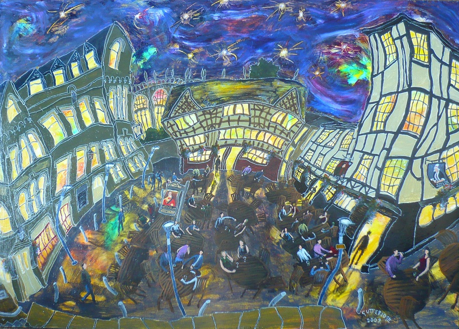 Painting of Shambles Square, Manchester, at night