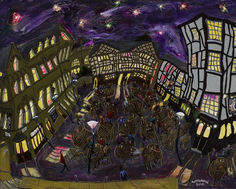 Painting of Shambles Square, Manchester, at night