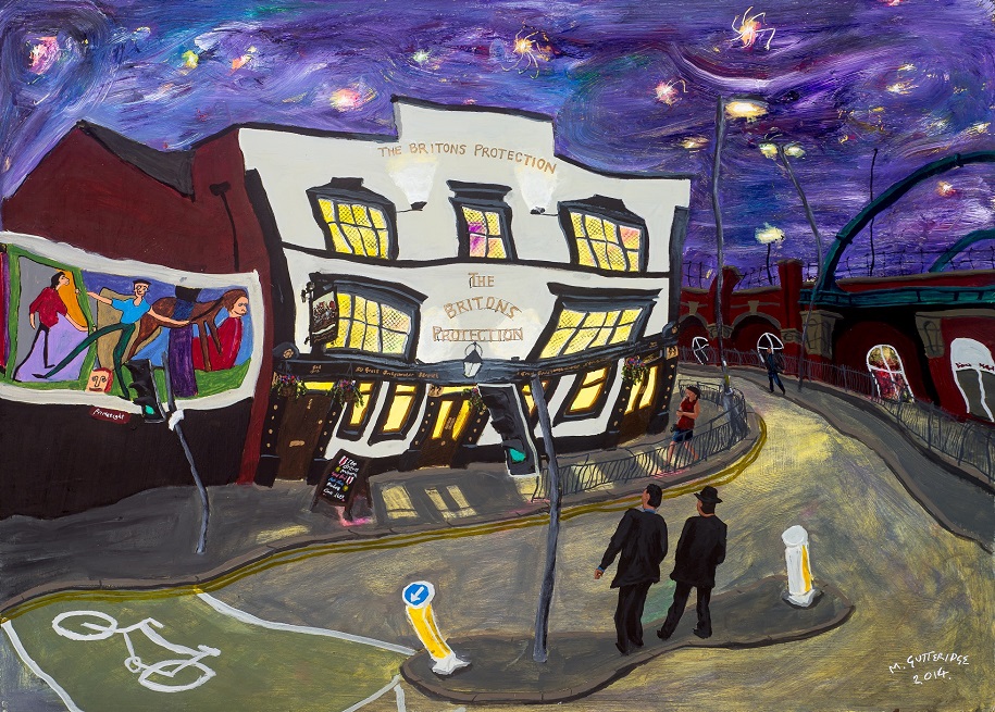 Painting of the Briton's Protection pub, Manchester, at night