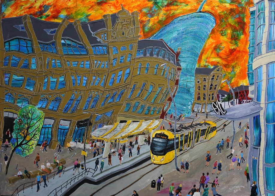 Painting of  Tram in Exchange Square, Manchester,