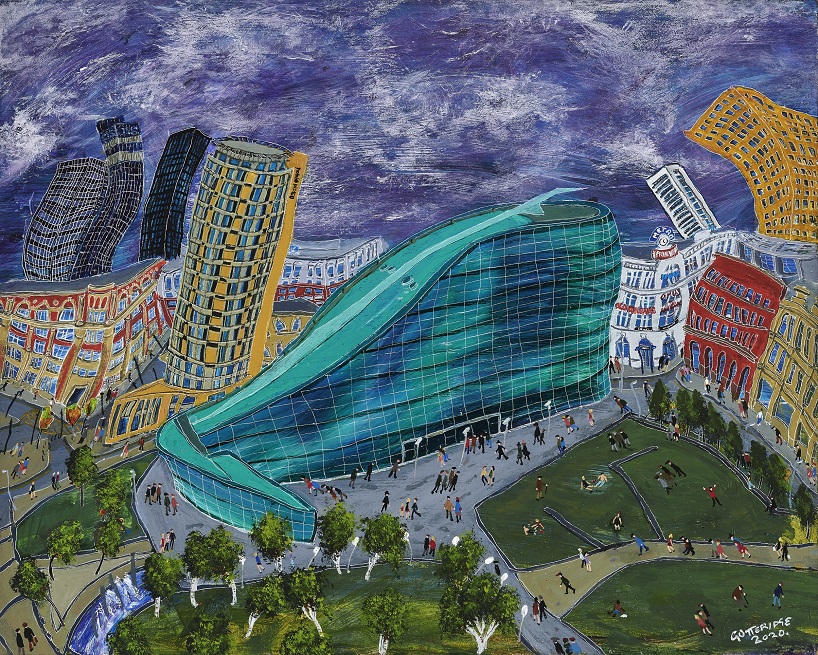 Painting of Urbis and Exchange Gardens, Manchester with Lowry Matchstick figures
