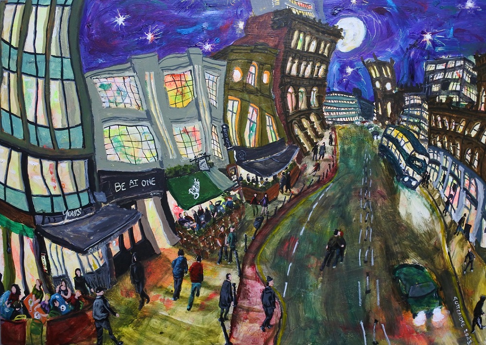 Painting of bars and restaurants on Deansgate Manchester, at night.