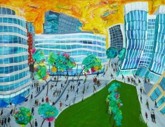 <i>Spinninfields With Lowry Matchstick Figures. </i>50x70cm Acrylic on board. Painted 2010.
SOLD