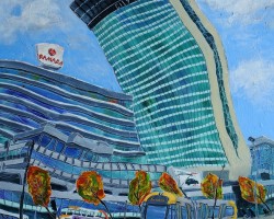 <i>City Tower, Manchester, with Lowry Figures.</i> (50x40cm Acrylic on board. painted 2020.
FOR SALE. Contact for details.