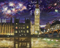<i>Fireworks Over the Houses of Parliament in London</i> 50X70CM Acrylic on board. Painted 2020.
FOR SALE. Contact for details. Painting of London by Michael Gutteridge